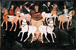रोमन कौंसल Iulius Annius Bassus 4 वीं शताब्दी से डेटिंग सेक्टाइल ओपस प्लेट के एक विस्तृत चतुर्भुज पर प्रतिनिधित्व करता है। जूनियस बासस का बेसिलिका (बेसिलिका इयूनी बस्सी), रोम में एस्क्विलिन। कंज़र्वेटरी संग्रहालय, रोम में संरक्षित करें द्वारा उपन्यास