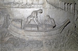 रोमन कला: "" डेसिया में प्रथम युद्ध के दौरान डेन्यूब पर नाव लोड प्रावधान"" 1862 का मोल्ड सम्राट ट्रोजन के शासनकाल के दौरान रोम में ट्रोजन (कॉलम ट्राजेन) (कोलोना ट्रियाना) के स्तंभ के आधार-राहत को पुन: प्रस्तुत करता है। 53-117)। ट्रैजेन  द्वारा रोमन रोमन