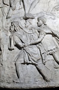 रोमन कला: "" रोमन सैनिकों का एक दास सैनिक कैदी""" 1862 का मोल्ड सम्राट ट्रोजन (53-117) के शासनकाल के दौरान रोम में ट्रोजन (कॉलम ट्राजेन) (कोलोना ट्रियाना) के स्तंभ के आधार-राहत को पुन: प्रस्तुत करता है। . ट्राजेन कॉलम v . की याद दि द्वारा रोमन रोमन