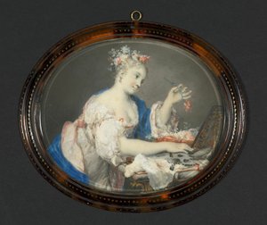 अपने बालों में फूल लगाती एक महिला, c. 1710