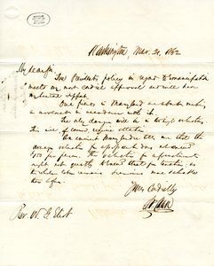 31 मार्च, 1862 को डब्ल्यूजी एलियट को एसपी चेज़, वाशिंगटन द्वारा हस्ताक्षरित पत्र द्वारा सामन पी. चेस