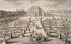 ऑस्ट्रियाई घर और उद्यान, जोहान अगस्त कोर्विनस (1683-1738) द्वारा उकेरा गया, प्रकाशित c.1730-40 (उत्कीर्णन)