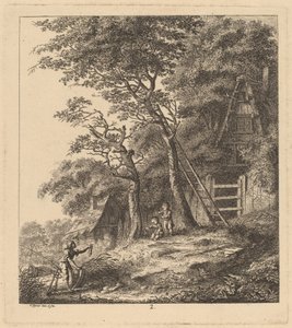 एक मछुआरा और दो बच्चे फूस के कॉटेज वाले लैंडस्केप में, 1764। द्वारा सॉलोमन गेसनर