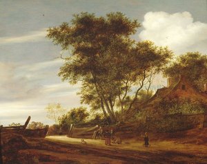 कुटीर द्वारा सड़क पर खेल रहे बच्चों के साथ वुडेड लैंडस्केप, 1658