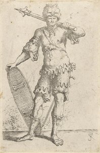 विदेशी योद्धा खड़े शेर-सिर वाली टोपी पहने, एक गदा और शील्ड पकड़े, c.1656-57 (रखी हुई कागज़ पर नक्काशी) द्वारा निस्तारण रोजा