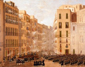 मई 1848 में नेपल्स में विद्रोह के खिलाफ बोरबॉन सेना ने प्रतिक्रिया व्यक्त की। सल्वाटोर फेरगोला (1799-1877) नेपल्स, म्यूजियो नाज़ियोनेल डि सैन मार्टिनो द्वारा पेंटिंग
