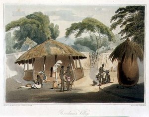 जॉन बैरो (1764-1848) द्वारा बूशुआना विलेज, प्लेट 18 'ए वॉयज टू कोचीनीना' से विलियम अलेक्जेंडर (1767-1816) द्वारा तैयार की गई थॉमस मेडलैंड (1755-1823) 1806 (एक्वाटिंट) द्वारा उकेरी गई। द्वारा सैमुअल (बाद) डेनियल