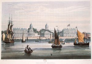 ग्रीनविच अस्पताल, आरजी रीव द्वारा उकेरा गया (fl.1811-37) 1828 (रंगीन उत्कीर्णन) द्वारा सैमुअल (बाद में) ओवेन