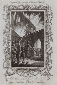 स्मिथफील्ड के पास सेंट जॉन्स मठ का जलना, वाट टायलर रैबल (उत्कीर्णन) द्वारा द्वारा शमूएल (बाद) व्हेल