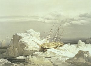 बारिंग द्वीप के उत्तरी तट पर HMS अन्वेषक की महत्वपूर्ण स्थिति, 20 सिंतबर 1851, विलियम सिम्पसन द्वारा उत्कीर्ण, एकरमैन und Co., 1854 द्वारा प्रकाशित द्वारा सैमुअल गुरनी क्रेसवेल