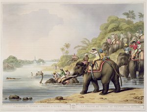 ओरिएंटल फील्ड स्पोर्ट्स, पब से एक नदी के पार टाइगर का पीछा करते हुए। एडवर्ड ओरमे द्वारा, 1807 (प्रिंट)