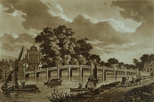 हैम्पटन कोर्ट ब्रिज, पब के &39;सुरम्य दृश्य, पब से चित्रण। 1799 (नक़्क़ाशी, एक्वाटिंट) द्वारा सैमुअल आयरलैंड