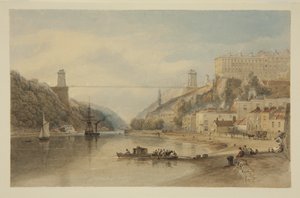 हॉटवेल में एवन पर देखें: प्रस्तावित सस्पेंशन ब्रिज, c.1836 (कागज पर पेंसिल और वॉटरकलर) द्वारा सैमुअल जैक्सन