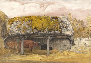 मोसी रूफ के साथ एक गाय लॉज, c.1829 (कागज पर वॉटरकलर और गौचे के साथ कलम और स्याही) द्वारा सैमुअल पामर