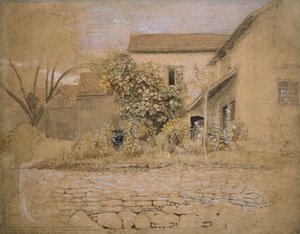 टिन्टर्न में एक सदन और उद्यान, 1835 (गुलाबी स्याही वाले कागज पर ग्रेफाइट और काले चाक पर कलम और स्याही, wc और बॉडी कलर) द्वारा सैमुअल पामर