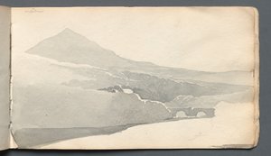 स्केचबुक: ब्रिज, 1814 के साथ पहाड़ी लैंडस्केप। द्वारा सैमुअल प्राउट