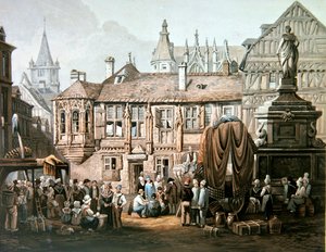 होटल डी बौर्गथेरोल्डे, प्लेस डे ला पुसेले, रूएन, सी.1825 (रंग उत्कीर्णन) द्वारा सैमुअल प्राउट