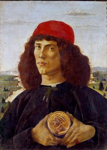 Cosimo de Medicis (Cosimo de Medici) का पदक पकड़े हुए एक अज्ञात व्यक्ति का पोर्ट्रेट। एलेसेंड्रो डि मारियानो देई फिलिपीपी डिट सैंड्रो बोथिसेली (1445-1510) द्वारा पेंटिंग। कैनवास पर तापमान, ५७.५ x ४४ सेमी द्वारा सैंड्रो बॉटलिकली
