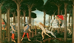 Nastagio का जंगल में भूतिया पीछा का विज़न: Nastagio degli Onesti की कहानी का दृश्य I, c.1483 (पैनल पर तापमान) द्वारा सैंड्रो (और कार्यशाला) बॉटलिकेली
