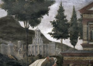 सिस्टिन चैपल में कोपर और क्राइस्ट का प्रलोभन, शुद्धिकरण: एक परिदृश्य में एक काल्पनिक शहर का विस्तार द्वारा सैंड्रो बॉटलिकली