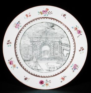 एक बकरी और एक कुत्ते के साथ जैकब बोबार्ट (1599-1680) को चित्रित करते हुए रोज फैमिली एनामेल्स के साथ एन ग्रिसैल को सजाया गया डिनर प्लेट, कियानलॉन्ग अवधि (1736-95) (चीनी मिट्टी के बरतन) द्वारा स्कूल चीनी