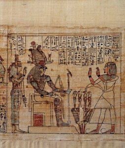 प्राचीन मिस्र की कला: सेरिमेन का पौराणिक पेपिरस। भगवान ptah-sokar-osiris से पहले पूजा में serimen आइसिस के बाद। 21वें राजवंश की पांडुलिपि (सी. 1069-945), तीसरी मध्यवर्ती अवधि (सी. 1069-664 ईसा पूर्व)। चित्र। द्वारा स्कूल मिस्र