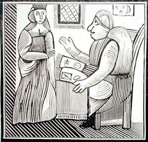 एसोटेरिका c14th-c17th (वुडकट) पर चैपबुक के संग्रह से 'द हिस्ट्री ऑफ मदर बंच ऑफ द वेस्ट' के एक दृष्टांत की प्रति, एक महिला सूथसेयर से मार्गदर्शन मांगती है। द्वारा स्कूल की अंग्रेजी