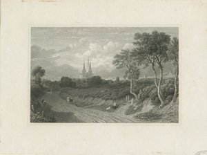 लिचफील्ड कैथेड्रल - वेस्ट व्यू (दूर): उत्कीर्णन, एन डी [?18 वाँ प्रतिशत] (प्रिंट) द्वारा स्कूल की अंग्रेजी