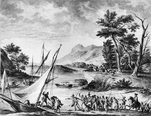 फ्रांसीसी क्रांति: 25 जुलाई 1793 को नोवेट में फ्रांसीसी राजदूत चार्ल्स लुई ह्यूगेट डी सेमोनविले (1759-1839) और ह्यूग्स बर्नार्ड मारेट (1763-1839) की गिरफ्तारी। डुप्लेसी - बर्टॉक्स द्वारा उत्कीर्णन और ड्राइंग। पेरिस, इंस्टीट्यूट ऑफ हिस्ट्री ऑफ रेवोल्यूज का  द्वारा स्कूल फ्रेंच