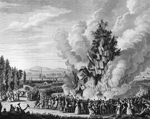 फ्रांसीसी क्रांति: 14 जुलाई 1792 को बैस्टिल पर कब्जा करने का स्मरणोत्सव, जिसमें एक बड़े बुचर ने तुइलरीज के महल से राजशाही के प्रतीकों को जला दिया। पेरिस, क्रांति के इतिहास संस्थान का पुस्तकालय of द्वारा स्कूल फ्रेंच