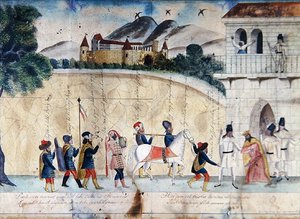 मोरावियन राजा स्वतोप्लुक (कागज पर पानी के रंग) को एक सफेद घोड़े के उपहार के बदले हंगरी में हंगरी में भूमि के आदान-प्रदान की कथा का वर्णन