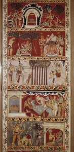 रामायण के दृश्य, वाल्मीकि द्वारा छठी शताब्दी में रचित महाकाव्य और राम की कथा को बताते हुए। वेस्टर्न बंगाल.विक्टोरी एंड अल्बर्ट लाइब्रेरी। लंडन द्वारा स्कूल इंडियन