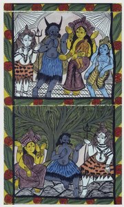 शिव गणेश (गणेश या गणपति) को उनकी माँ पार्वती की बाहों में, उनके सिर को क्रोध की भुजा में काटकर जीवन देते हैं। पैट: बंगाल क्षेत्र से चित्रित रोल, संगीतकारों बाउल (या बाउल) के लिए एक कथा माध्यम के रूप में सेवारत। लियोनार्ड डी सेल्वा विशेष