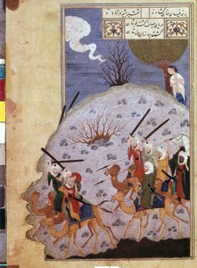 मजनूं ईरानी मास्टर द्वारा नवल और लैला के कबीले के बीच लड़ाई देख रहे हैं। (पानी के रंग का, गौचे, सफेद रंग, कागज पर स्याही द्वारा स्कूल ईरानी