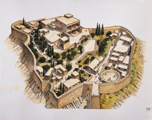 प्राचीन Mycenae का पुनर्निर्माण (रंग लिथो)