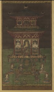 होराकाकू मंडारा: द बुद्धा एंड अटेंडेंट डिवाइनिटीज, हीयन पीरियड (रेशम पैनल पर रंग और सोना) द्वारा जापानी स्कूल