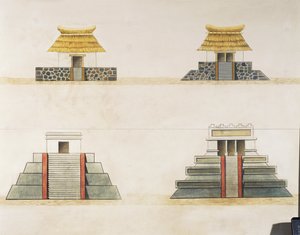 Tenochtitlan में इमारतों का ऐतिहासिक पुनर्निर्माण (रंग लिथो) द्वारा स्कूल मैक्सिकन
