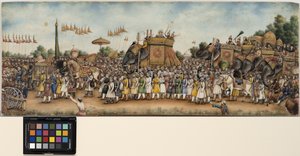 अकबर शाह II एक विशाल जुलूस में हाथी की सवारी करता है, c.1835 (अपारदर्शी जल रंग और हाथी दांत पर सोना)