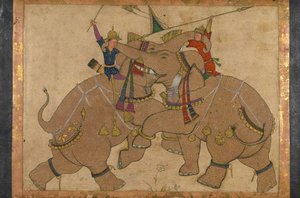 हाथी का मुकाबला (स्याही, कागज पर पिगमेंट पर चढ़ा हुआ)
