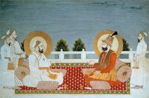 भारतीय कला: "" मोहम्मद शाह (1702-1748) भारतीय सम्राट और नादिर शाह (1688-1747), ईरान के शाह का प्रतिनिधित्व"" मुगल स्कूल का लघु, मुहम्मद शाह (1526-1858 ईस्वी), सूर्य। 0,21x0,31 मीटर - पेरिस, मुसी गुइमेट, मुसी नेशनल डेस आर्ट्स एशियाई - एम