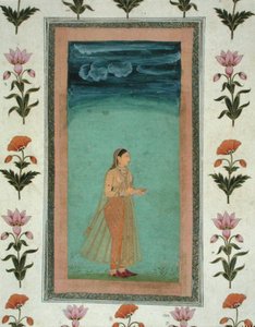 स्माल क्लाइव एल्बम (कागज पर अपारदर्शी जल रंग) से फूल पकड़े हुए महिला द्वारा स्कूल मुगल