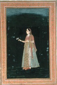 स्माल क्लाइव एल्बम (कागज पर अपारदर्शी जल रंग) से फूल पकड़े महिला द्वारा स्कूल मुगल