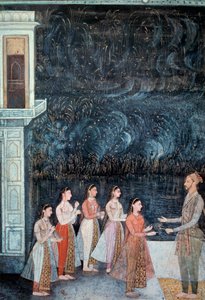 शाहजहाँ के दरबार में रात की पार्टी का दृश्य, राजकुमार और दरबारियों का प्रतिनिधित्व करता है। 18वीं सदी के मुगल स्कूल की पृष्ठभूमि में आतिशबाजी। सूर्य 0,21x0,15 मीटर पेरिस, मुसी गुइमेट, मुसी नेशनल डेस आर्ट्स एशियाइयों