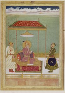एक आदमी के साथ शाह औरंगजेब का चित्रण, संभवतः अशरफ खान, 18 वीं सदी की शुरुआत में (अपारदर्शी जल रंग, कागज पर स्याही और सोना) द्वारा स्कूल मुगल
