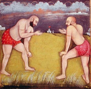 दो पहलवान, 19वीं सदी की शुरुआत में (कागज पर गौचे) द्वारा स्कूल मुगल