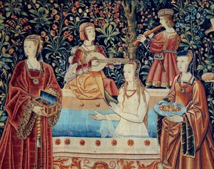 लॉर्डशिप लाइफ का परदा: स्नान। विवरण। नीदरलैंड में 1520 के आसपास ऊन और रेशम की टेपेस्ट्री बनाई गई। सूर्य 2,8x2,6 मीटर पेरिस, मध्य युग का राष्ट्रीय संग्रहालय, थर्मस डी क्लूनी