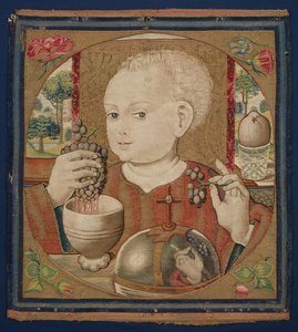 द इन्फैंट क्राइस्ट प्रेसिंग द वाइन ऑफ द यूचरिस्ट, c.1500 (लिनन ताना, ऊन, रेशम और गिल्ट वेट यार्न) द्वारा स्कूल नीदरलैंड