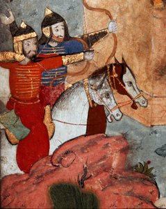 अंकारा (एंसीरा या अंकोरा) की लड़ाई के दौरान मंगोलियाई नेता तामेरलान (1336-1405) (या तैमूर लैंग, तैमूर द लंगड़ा """) के धनुर्धारियों ने 20/07/1402 को ओटोमन पर मंगोलियाई लोगों की जीत देखी। सेना ”” विवरण। तोपकापी सराय संग्रहालय पुस्तकालय इस्तो