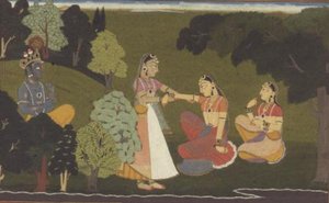 51.207/11 एक विश्वासपात्र ने राधा को कृष्ण से मिलने के लिए कहा, 'गीता गोविंदा' श्रृंखला से चित्रण, बसोहली, हिमाचल प्रदेश