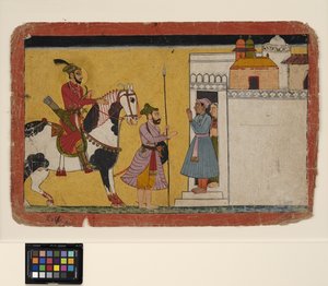 एक राजकुमार शिकार एक घर के दरवाजे पर रुकता है, c.1700 (कागज पर अपारदर्शी w - c और सोना)